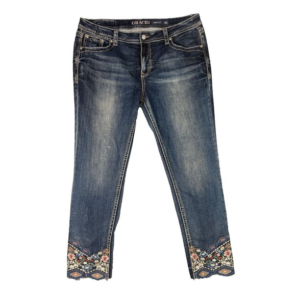Grace in LA Women's Sz 34 (17/18) Floral Embroidered Skinny Easy Fit Raw Hem - Picture 1 of 9